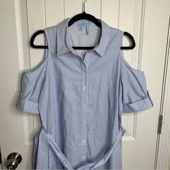 Draper James cold shoulder‎ blue striped midi shirt dress size 10 - Picture 3 of 9